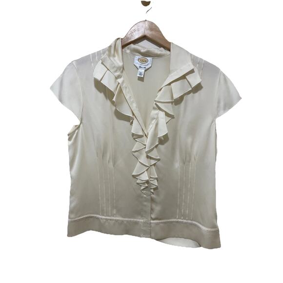 Talbots Silk Blouse -‎ 12 Beige Cap Sleeve Pure Silk Classic Minimalist - Picture 1 of 6